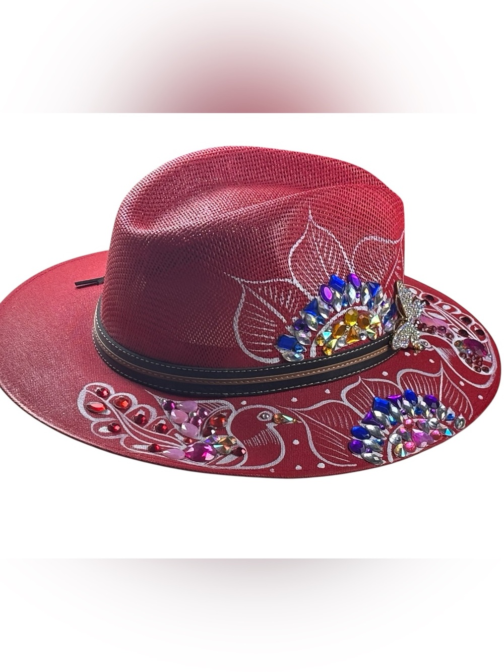 Embellished Red Women's Straw Fedora Hat